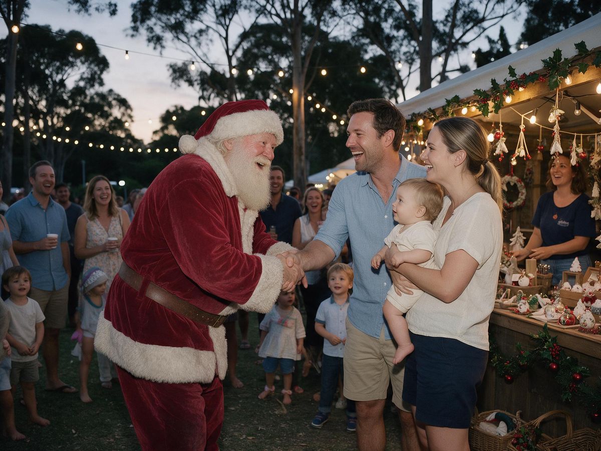 Santa greeting a family at an evening community Christmas festival