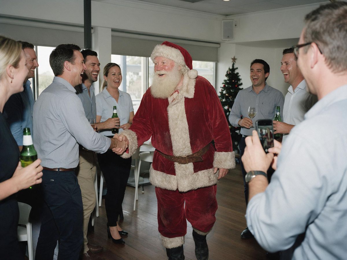 Santa shaking hands with staff at a company Christmas function