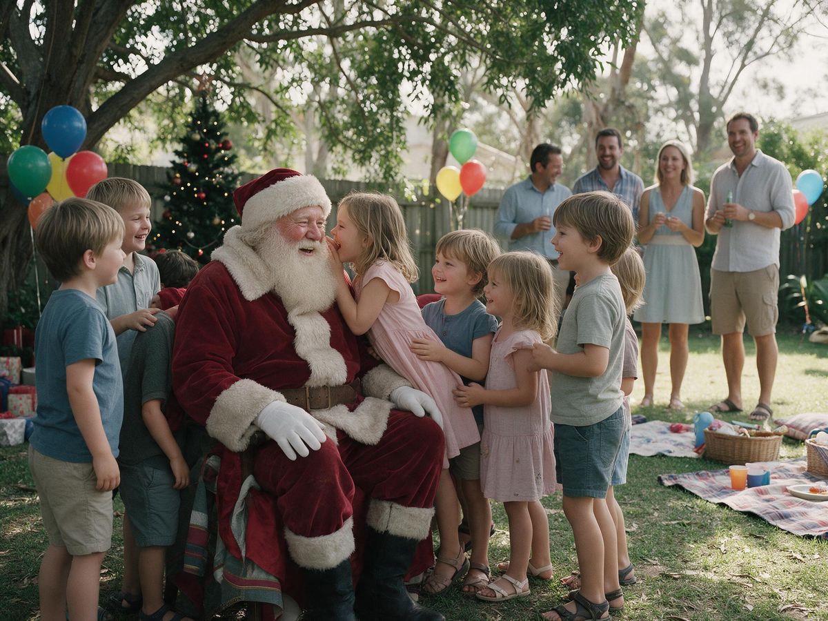 Santa with excited children at a backyard Christmas party