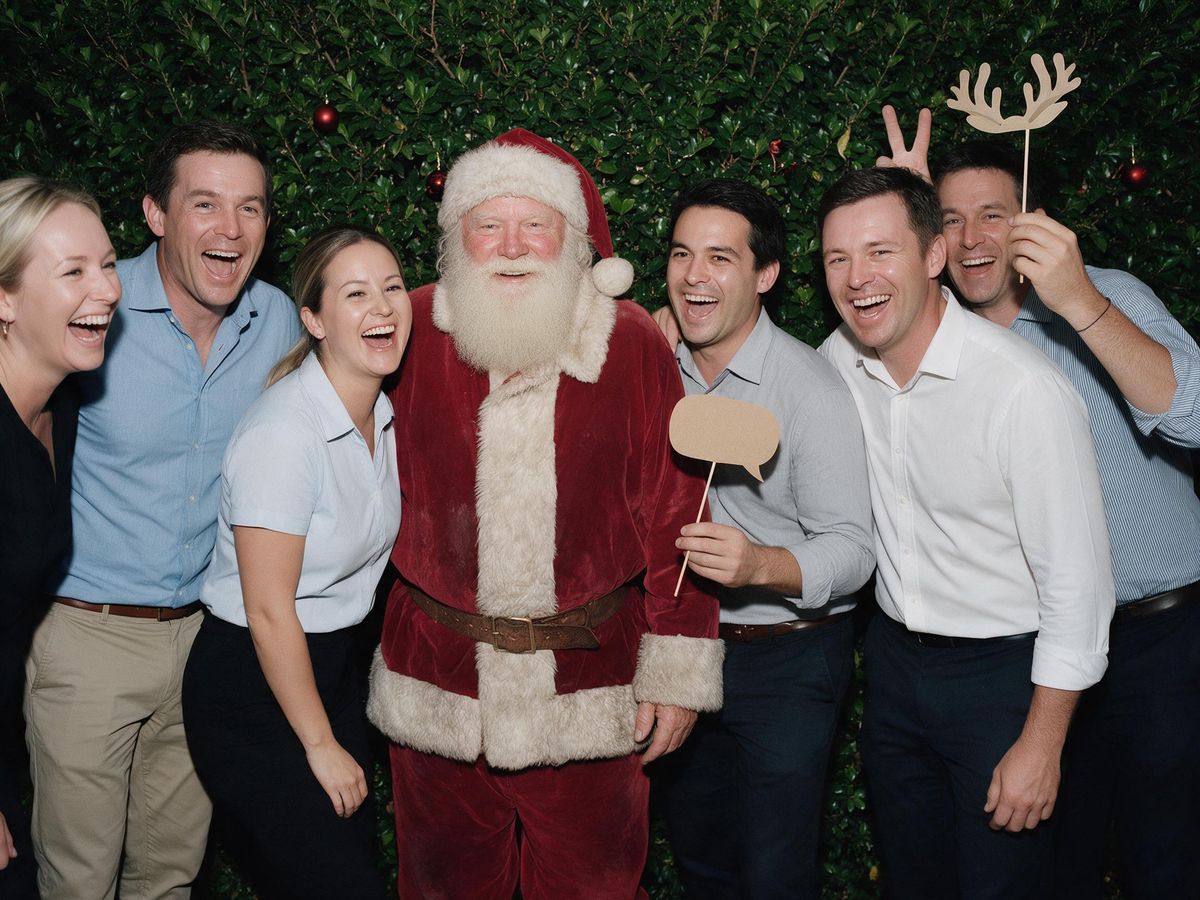 Santa in a photo booth shot with laughing work colleagues
