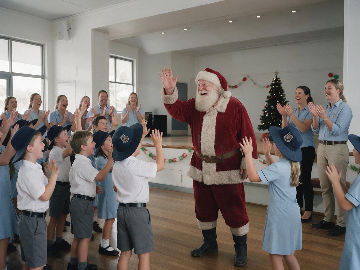 Santa waving to cheering students in a school hall